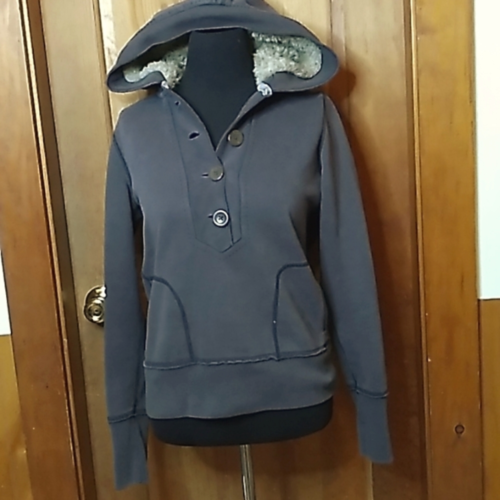 American Eagle Gray Hoodie with Fur Lined Hood Size M